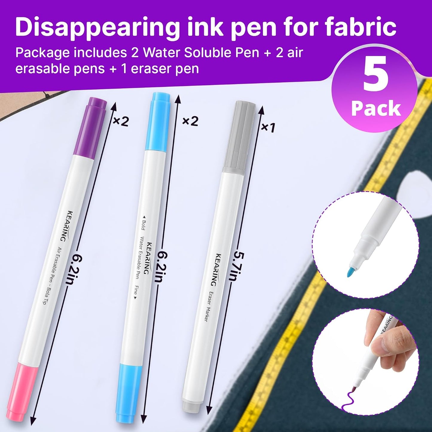 Fabric Markers for Sewing, 5 Count Pack, Includes 2 Water Soluble Fabric Marker 2 Air Erasable Pens 1 Eraser Marker, Disappearing Ink Pen, Sewing Quilting Embroidery Supplies