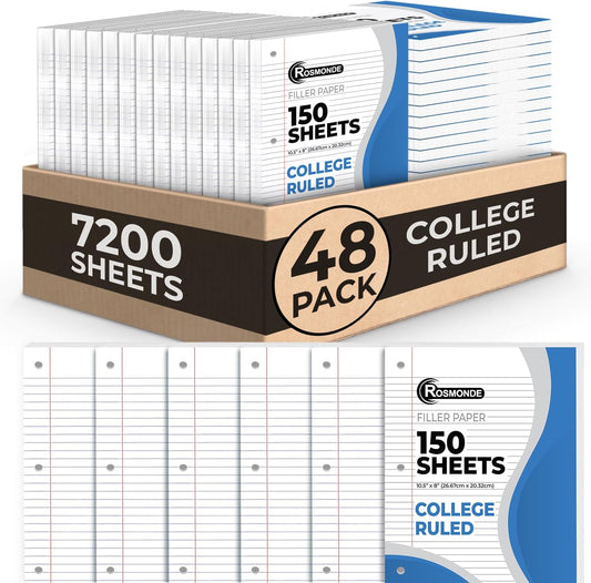 Loose Leaf Paper Bulk, 7200 Sheets, 48 Pack, College Ruled Sheets, 8 x 10.5", 150 Sheets/Pack, 3 Hole Punch, Bulk Notebook Paper, Filler Sheets, Fits Standard Binders, Fights Ink Bleed, White