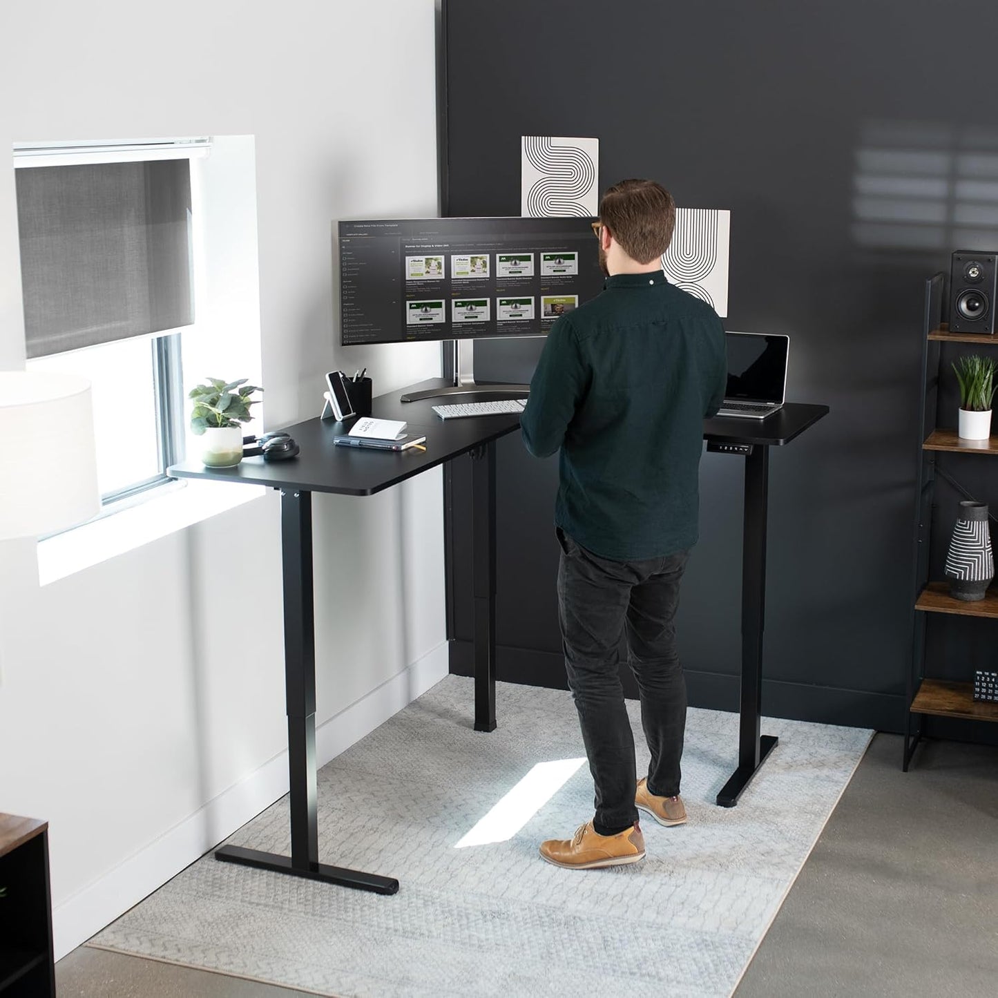 VIVO Electric Corner L-Shaped 63 x 55 in Standing Desk, Memory Height Adjustment, Black Top Black Frame, DESK-E3CTB