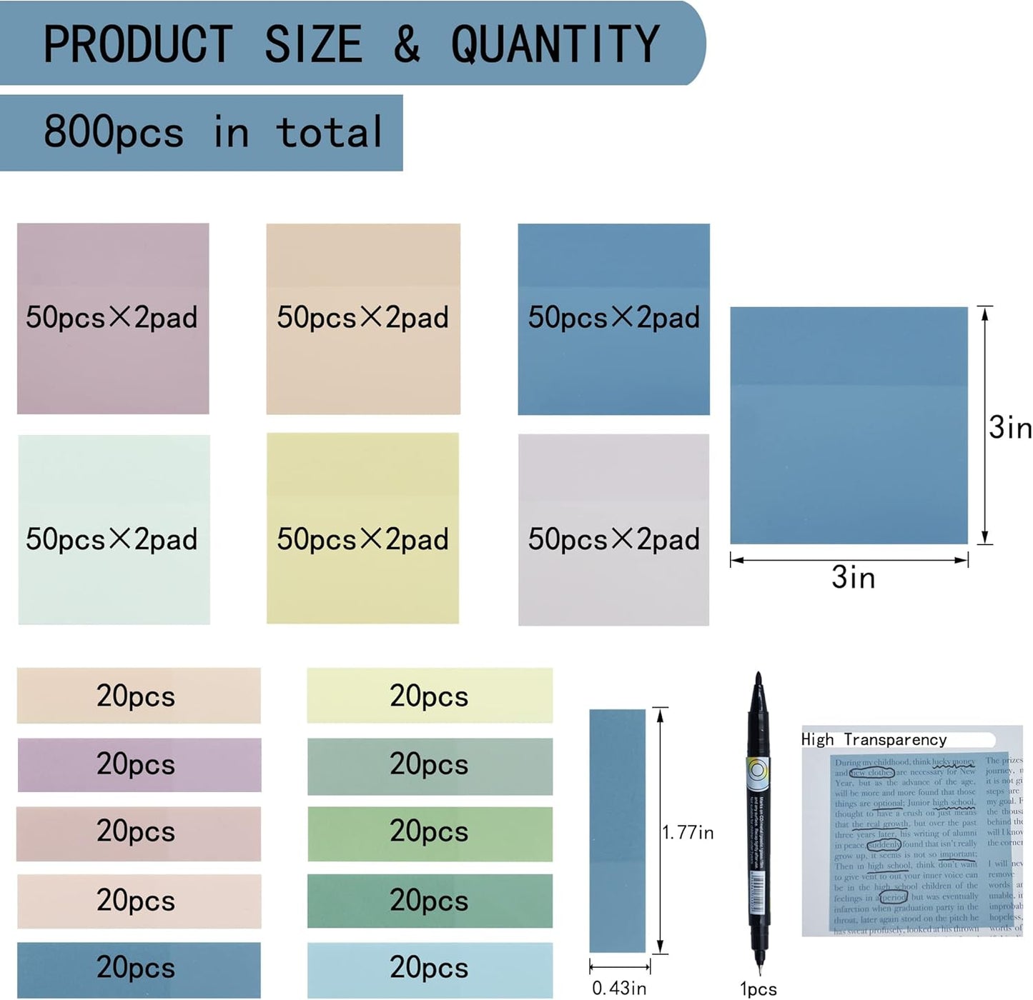 800Pcs Transparent Sticky Notes, 3"x3" Clear Sticky Notes, Waterproof Translucent Sticky Note Pads for Books Annotation, Clear Post it Notes for Bible Study, School, Office（Morandi）