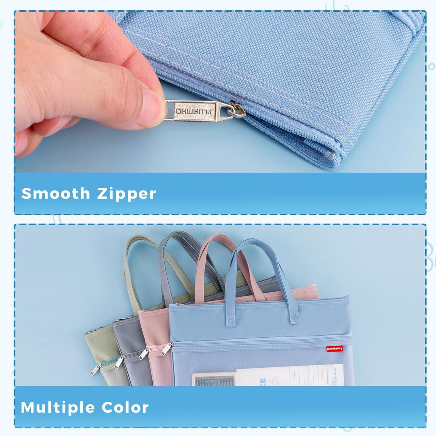 Pendancy Mesh Zipper Pouch A3 Size, Large Double Pocket Waterproof File Bag with Handle, 13x17 in Foldable Document Storage for Puzzle Project/Cross Stitch/Travel/Office（Advanced Blue）