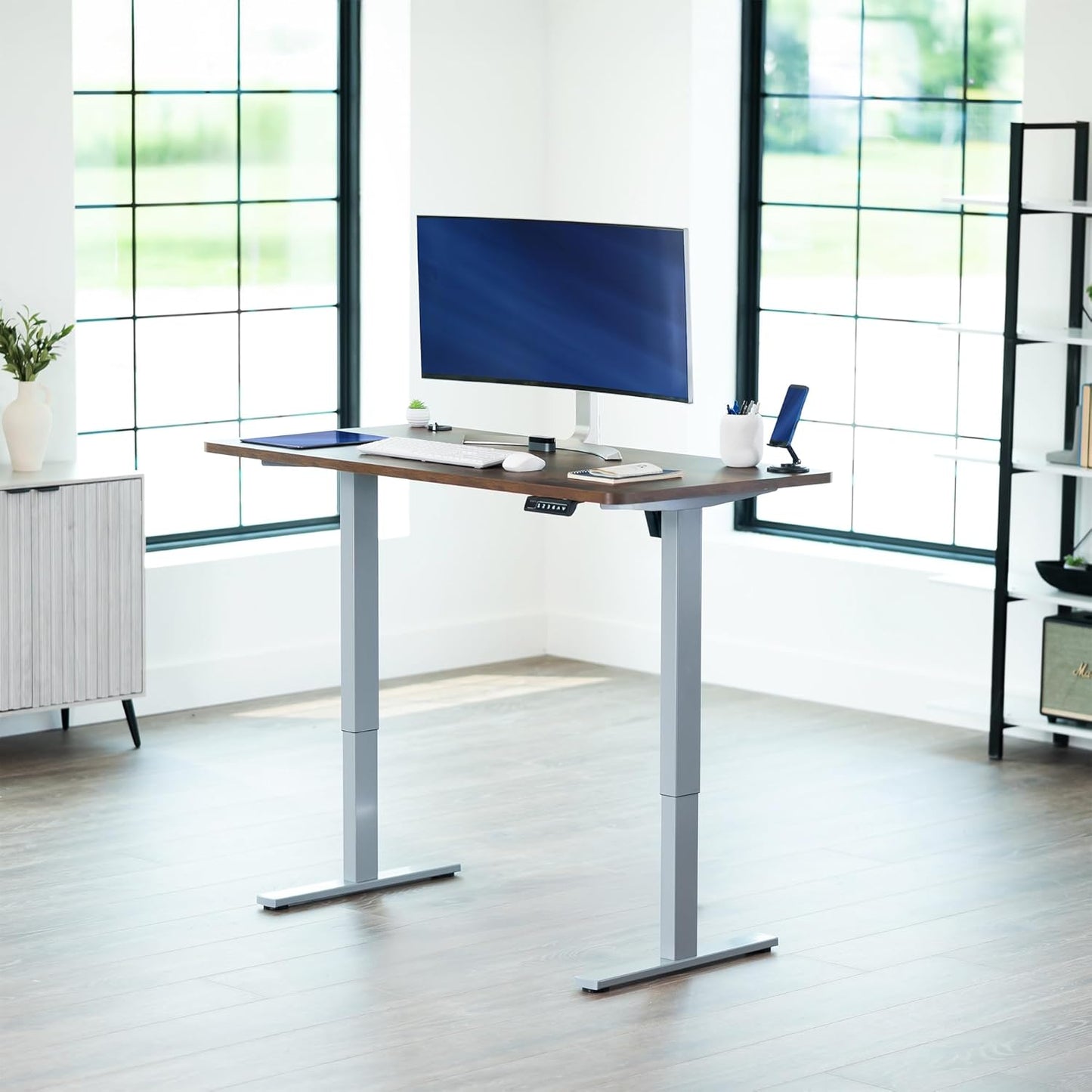 VIVO Electric 55 x 28 in Standing Desk, Memory Height Adjustment, 1B Series, One-Piece Rustic Vintage Brown Top, Gray Frame, DESK-KIT-1G55N