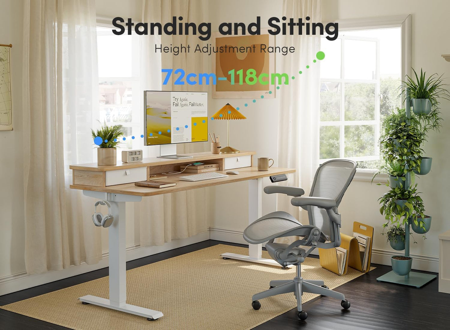 FEZIBO 55 x 24 Inch Height Adjustable Electric Standing Desk with Double Drawer, Computer Desk, Home Office Stand Up Table with 4 Height-Adjustable Feets & 2 Hooks, Light Rustic