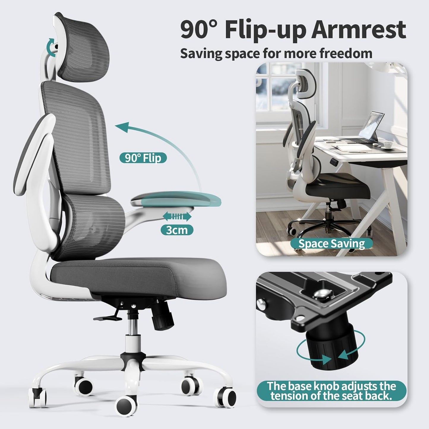 TRALT Office Chair Ergonomic Desk Chair, 330 LBS Home Mesh Office Desk Chairs with Wheels, Comfortable Gaming Chair, High Back Office Chair for Long Hours (White)