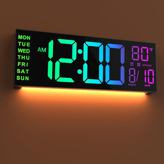 JALL 16" Large Digital Wall Mount Clock, Count Down Timer, Alarm, Big LED, 8 RGB Color, DST, Temperature for Living Room Classroom Desk, Xmas, Birthday Gift for Senior Mom Dad (Black, 16 inches)