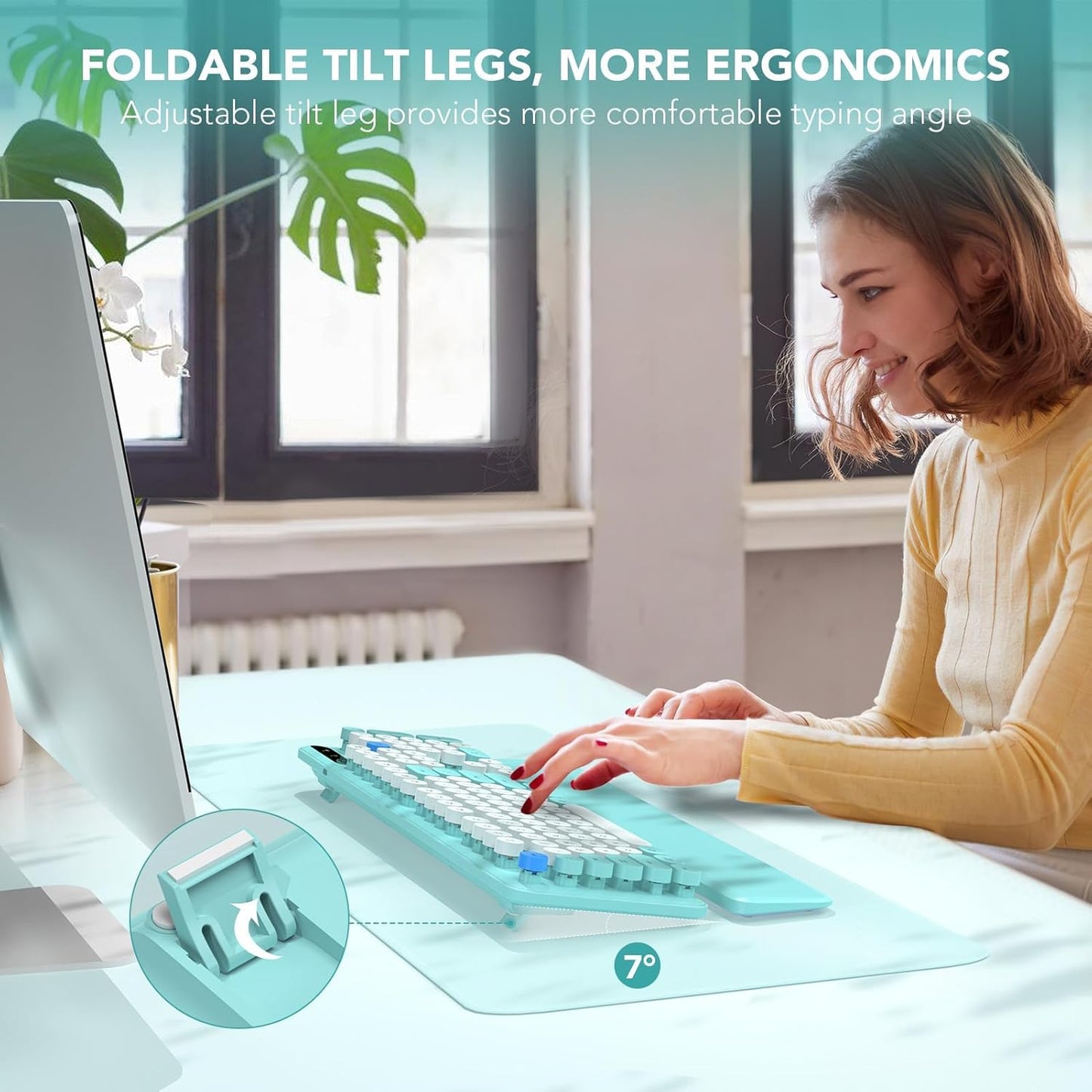 Wireless Keyboard, Round Keycaps, Retro Typewriter Keyboard with Detachable Wrist Rest, Sleep Mode, Foldable Legs, 2.4GHz Full-size Cordless Computer Keyboard for Windows/PC/Laptop (Robin Egg Blue)