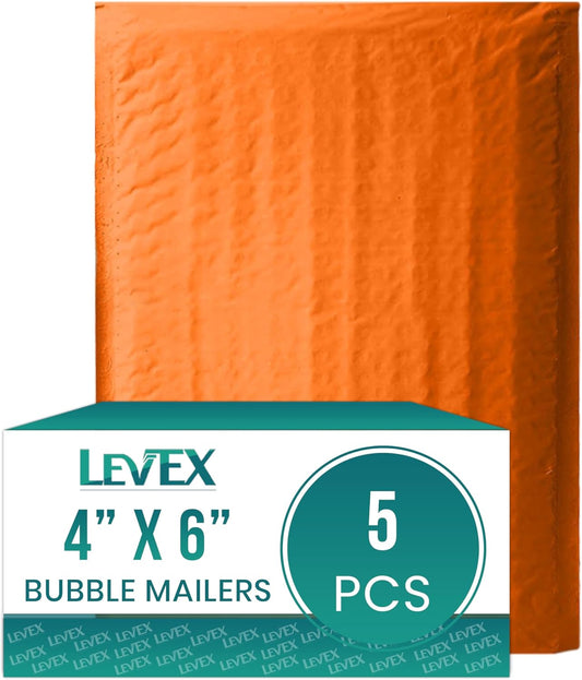 Levex - #0000 4" x 6" [5 Pack] Orange Poly Bubble Mailers, Padded Envelope Mailers, Packing Envelope & Mailing Bags for Shipping
