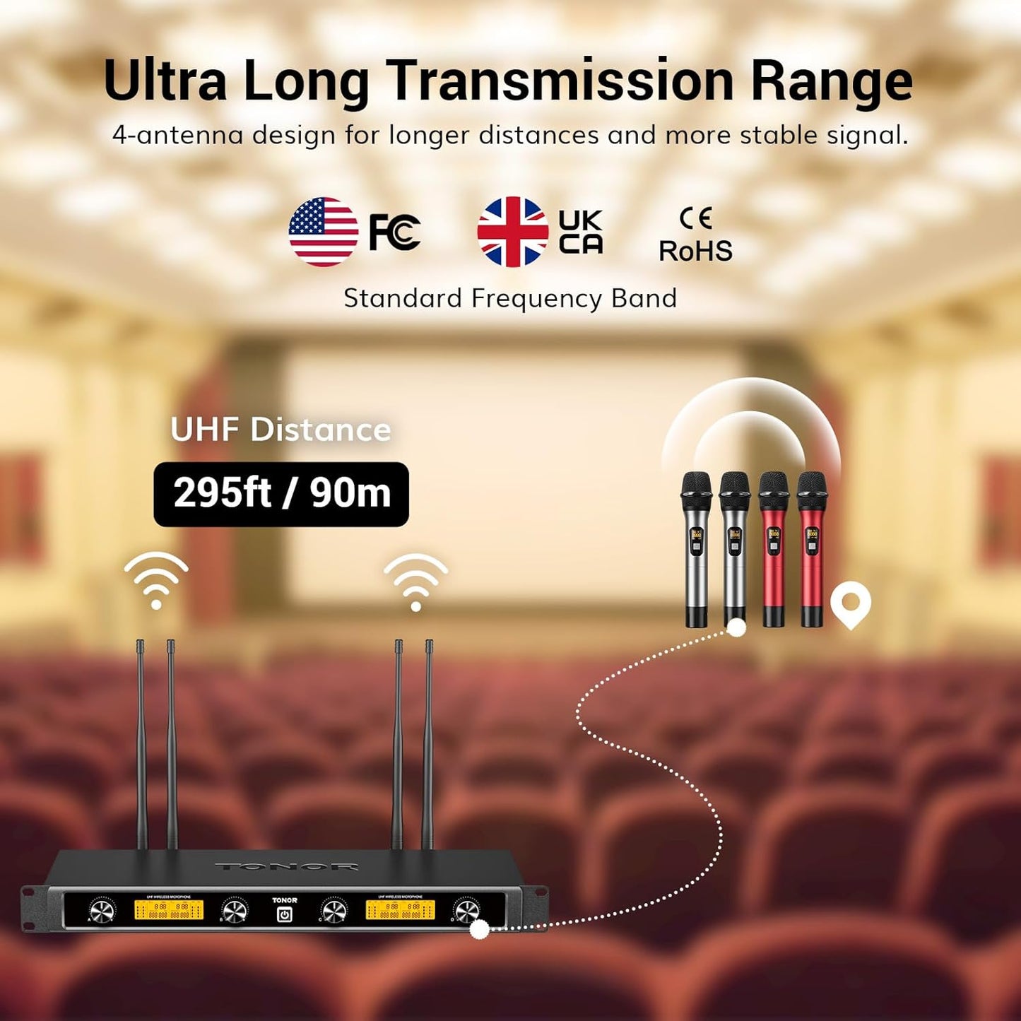 TONOR Wireless Microphones System with 4x10 Channels Dynamic Handheld Mics 4 Antennas for 295FT Long Distance Mic with Adjustable Frequencies Auto Connect for Singing Party Church Karaoke, Silver&Red