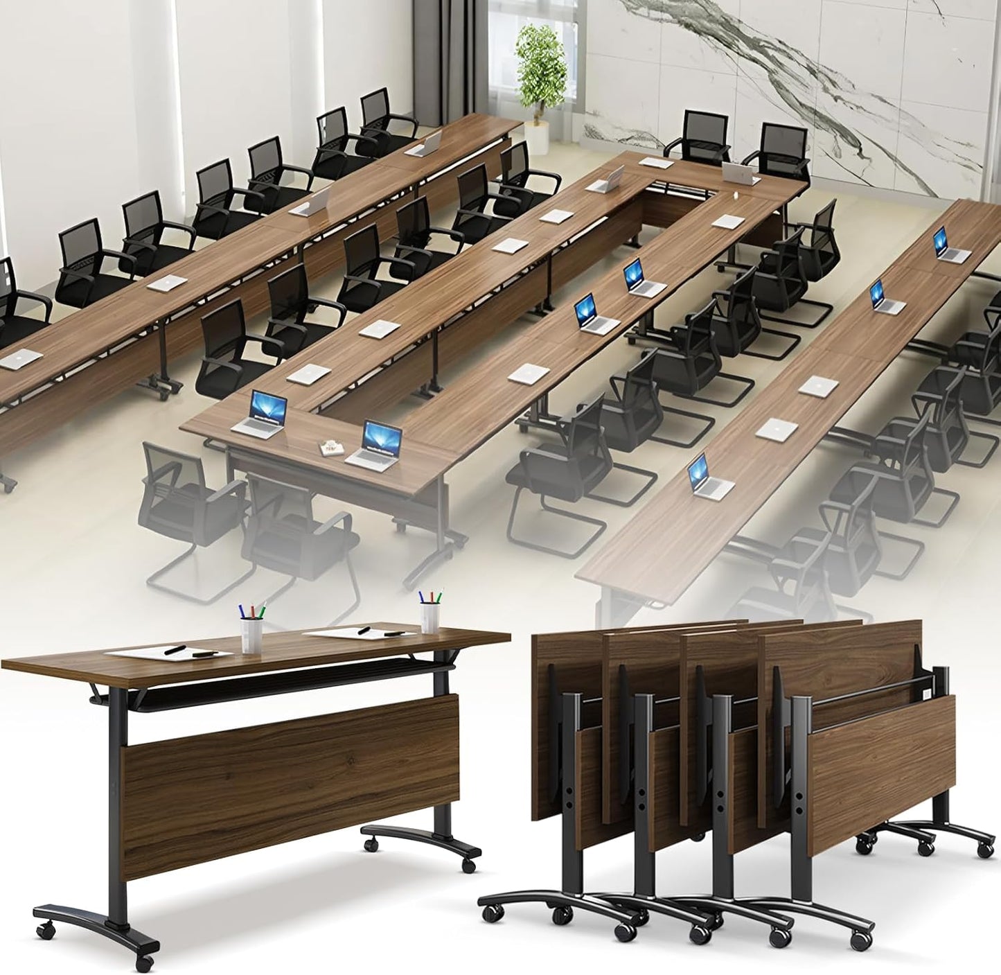 Folding Conference Room Table, Modern Conference Tables with Wheels, Large Rectangular Mobile Training Tables for Office Classroom, Foldable Modular Boardroom Seminar Table Walnut (4pack L70.9in)