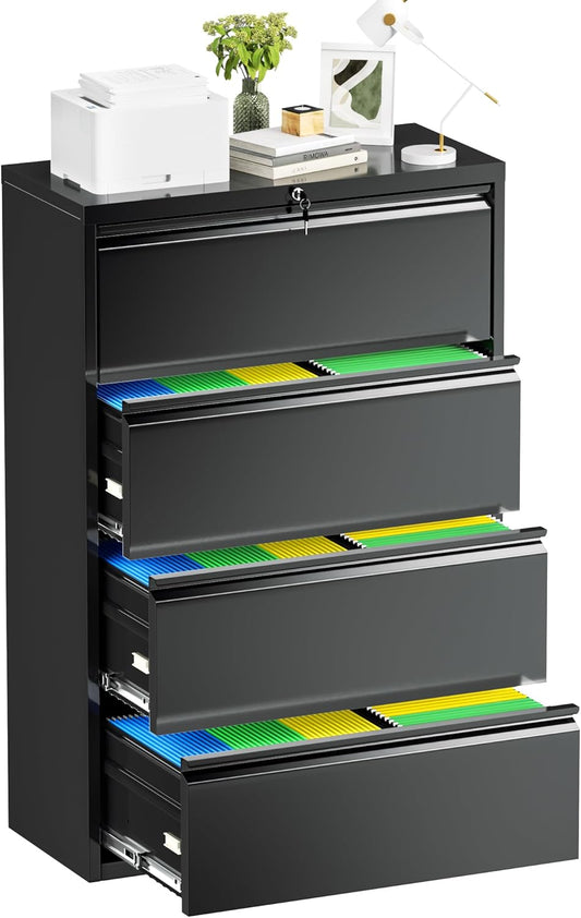 Incbruce 28" W 4 Drawer Lateral File Cabinet, Metal 4 Drawer Lateral Filing Cabinet with Lock, Steel Wide Filing Organization Storage Cabinet for Home, Office, Fit A4/F4/Letter/Legal File (Black)