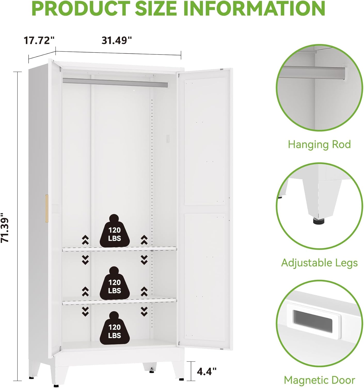 Metal Wardrobe Cabinet with Hanging Rod,Large 71" Armoire Wardrobe Closet with Adjustable Shelves,Farmhouse Metal Clothing Storage Cabinets for Bedroom,Office,Laundry Room(White)