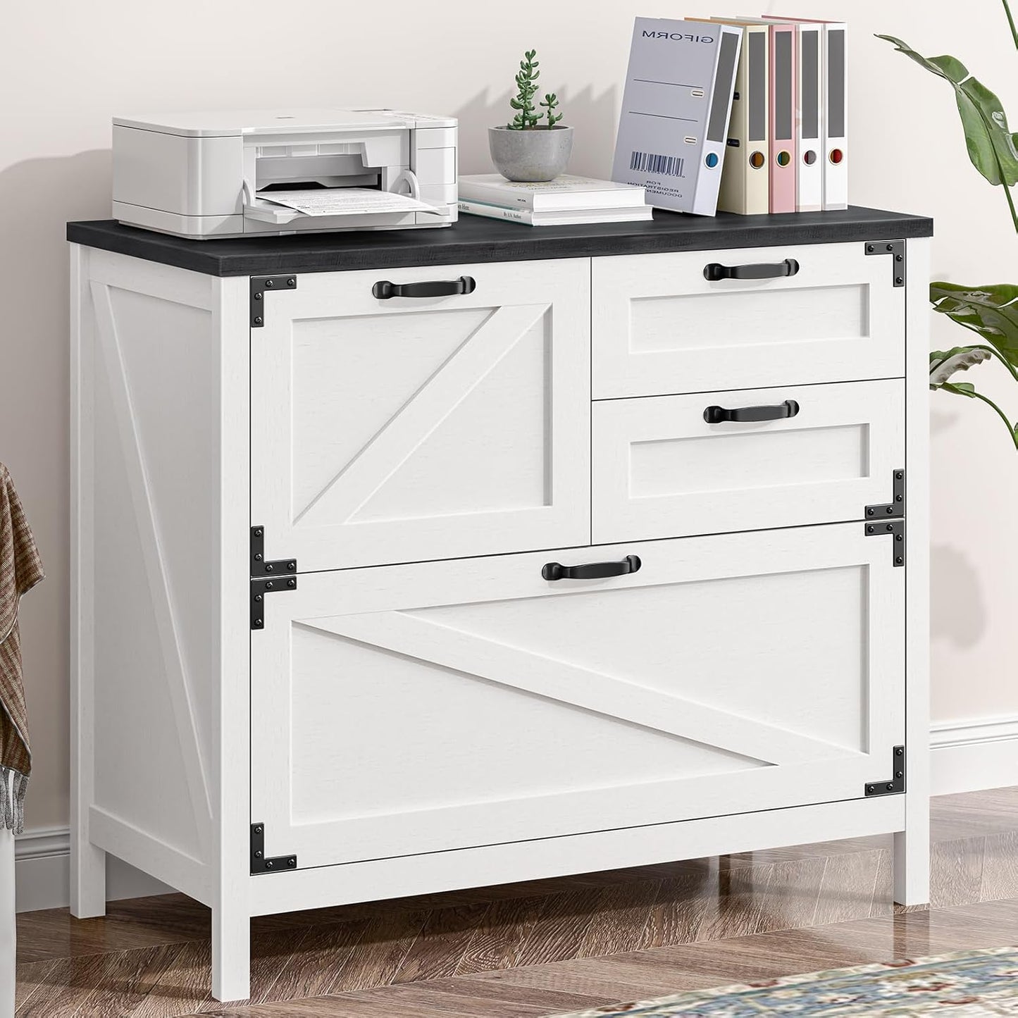 4-Drawer Wood Lateral File Cabinet for Hanging Files Letter/A4/Legal Size, Large Farmhouse File Cabinets for Home Office, Printer Stand with Office Cabinet, White and Black