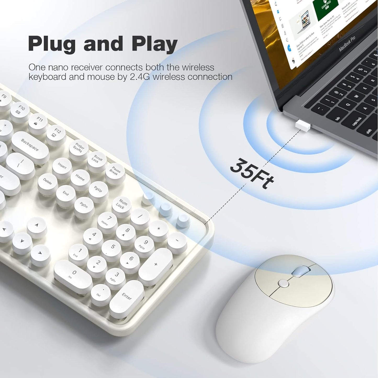 Wireless Keyboard and Mouse, Typewriter Full Size Keyboard with Number Pad and 2 in 1 USB Connected Mouse for Windows 7/8/10, Laptop, Desktop, PC, Computer (Off-White)