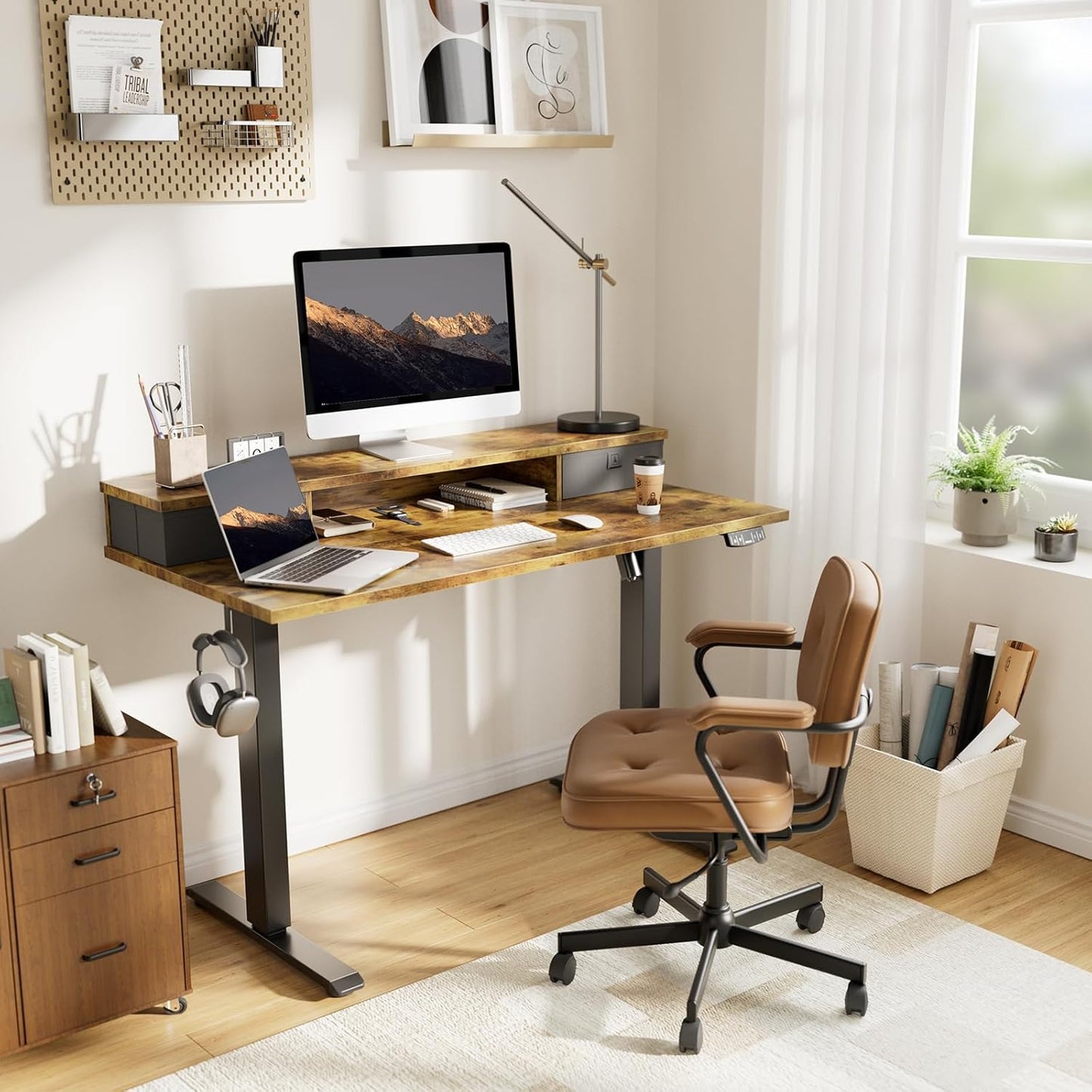Agilestic 63 x 24 Inches Height Adjustable Electric Standing Desk with 2 Drawers, Stand Up Electric Desk Adjustable Height, Sit Stand Computer Gaming Table with Splice Board, Rustic Brown