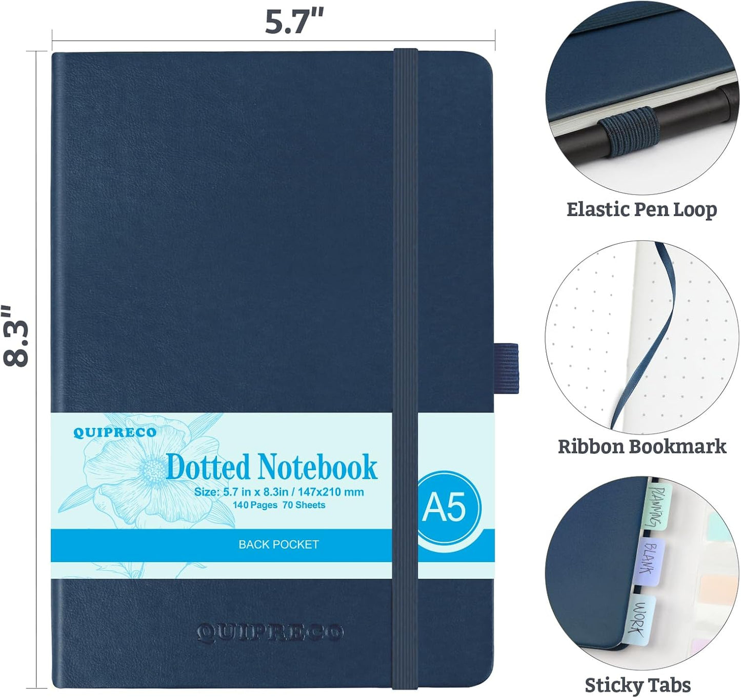 Hardcover Lined Bullet Dotted Journal Notebook, A5 140 192 Pages 100 120Gsm Paper College ruled for School,Work,Travel,and Daily Planning，5.7''*8.3'' (1, Navy, A5 Dotted)