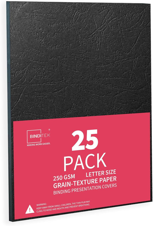 Binditek 25 Pack 13 Mil Grain-Texture Paper Binding Presentation Covers, 8.5 x 11 Inches, 90lb, Un-Punched, Letter Size, Black, Office Supplies