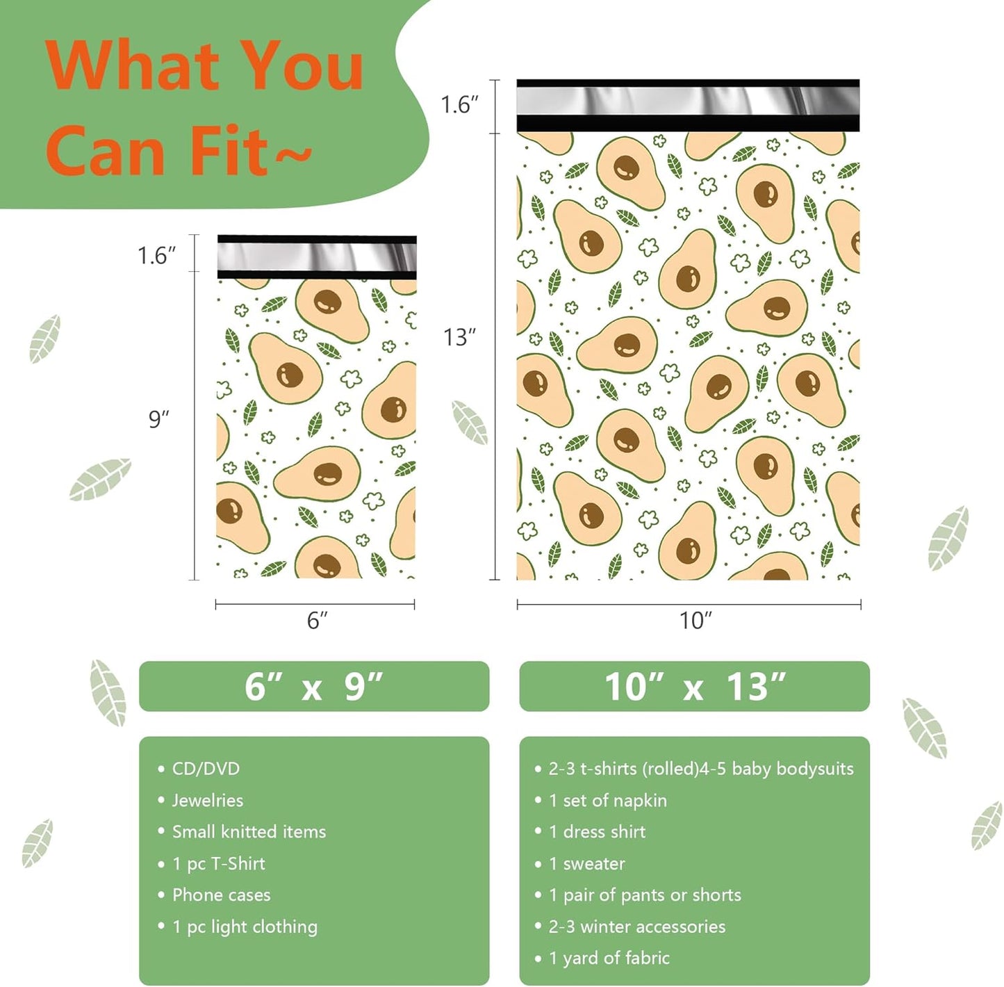 Poly Mailers 10x13 Inch 100 Pcs - Avocado printed Shipping Bags, 2.4mil Thickness, Waterproof and Tear Resistant Mailing Envelopes, Self-Sealing Packaging Bags for Small Business
