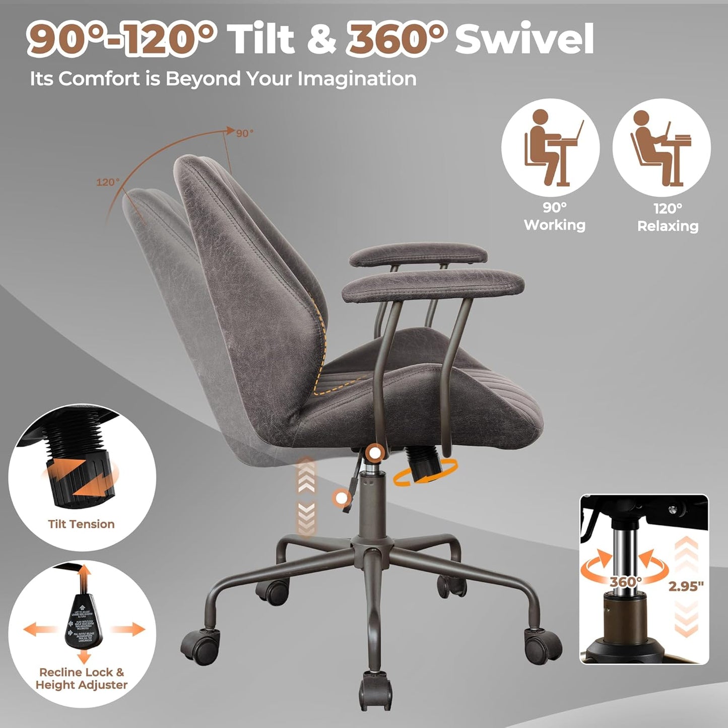 ovios Ergonomic Home Office Chair, Mid-Century Modern Faux Leather Chairs with Padded Armrests, Comfy Mid Back Swivel Rolling Executive Computer Armchair (Dark Grey, Suede Leather)