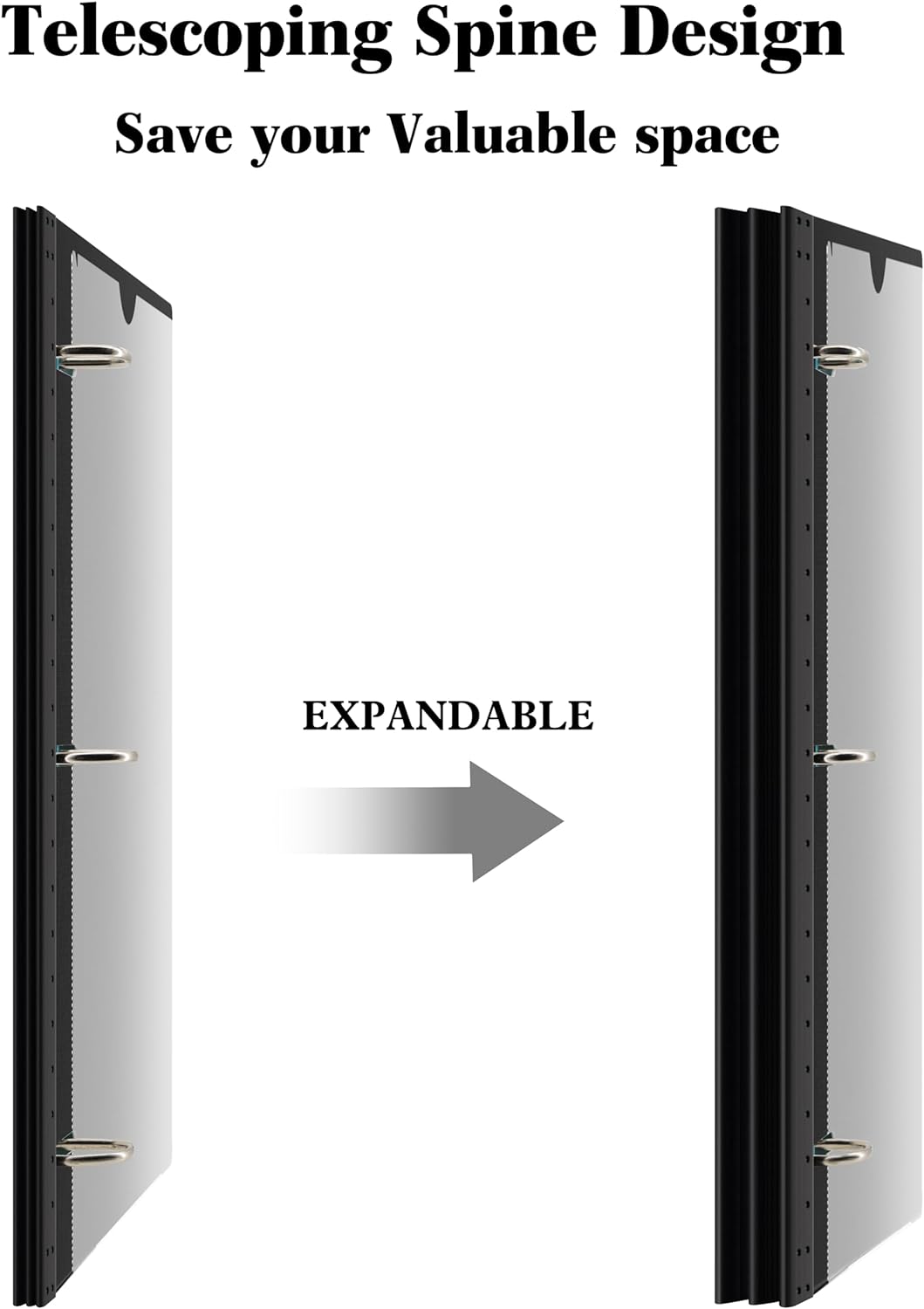 INFUN Telescoping 3 Ring Binder -1PCS-Black, Flexible Round Binder with Customizable Front Cover and Clear Catalog Pocket, 0.75 Inch Rings, Holds 160 Sheets 8.5x11 inch Paper