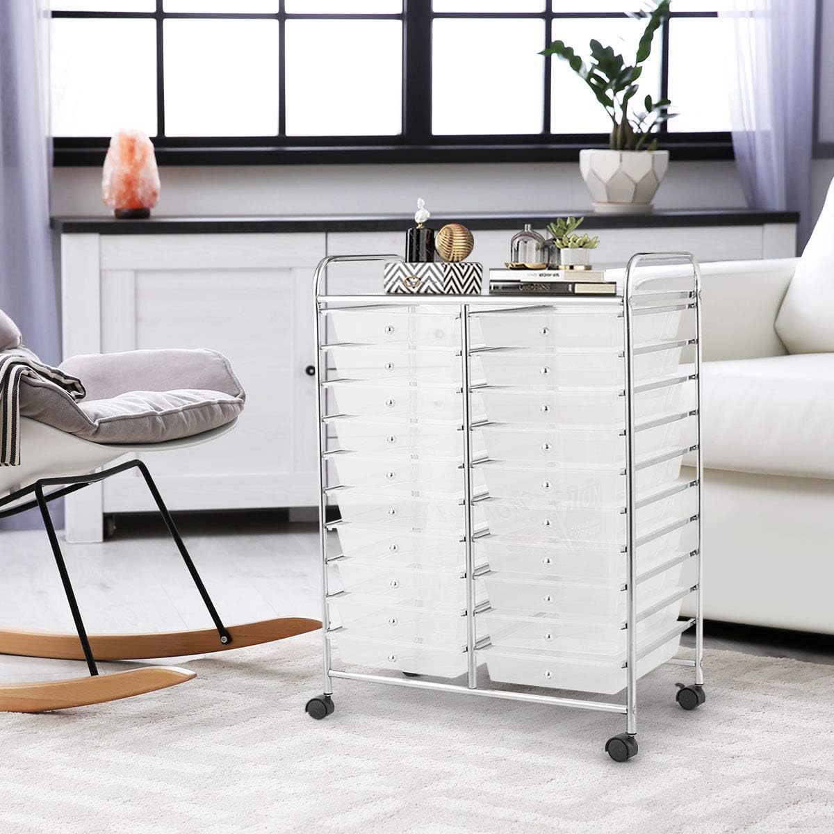 Giantex Storage Drawer Carts, 20-Drawer Organizer, Utility Cart on Wheels, Semi-Transparent Multipurpose Cart for Home Office School Supplies Tools Scrapbook Paper