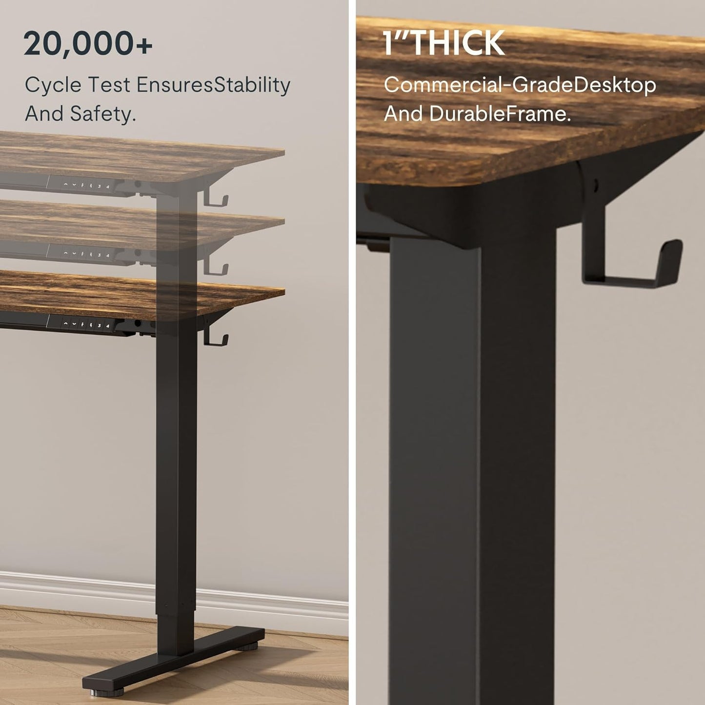 FLEXISPOT EN1 Whole-Piece Standing Desk, 48x30 Electric Sit Stand Desk for Home Office (Black Frame + Rustic Top, 2 Packages)