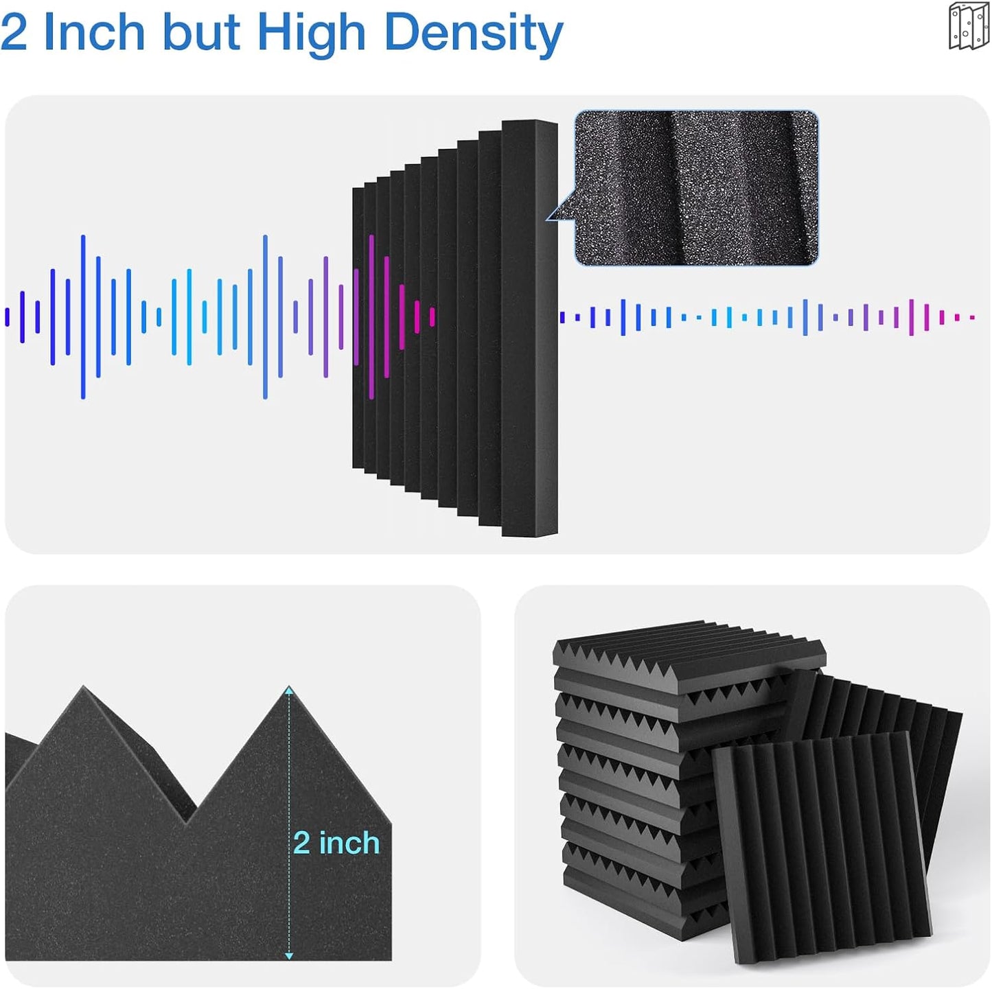 24 Pack Self-Adhesive Acoustic Panels - 2"X 12"X 12"Wall Panels - Quick-Recovery and High Density Sound Panels - Sound proof Acoustic Foam for Home Studio - Black