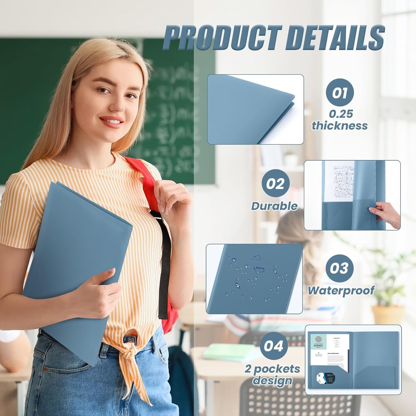 Gueevin 24 Pcs Plastic Folders with Pockets, Back to School Two Pocket Folder Fit Letter Size, Heavy Duty School Business Card Holder for Home Office, 11. 61 x 9. 45 Inches (Blue Gray)
