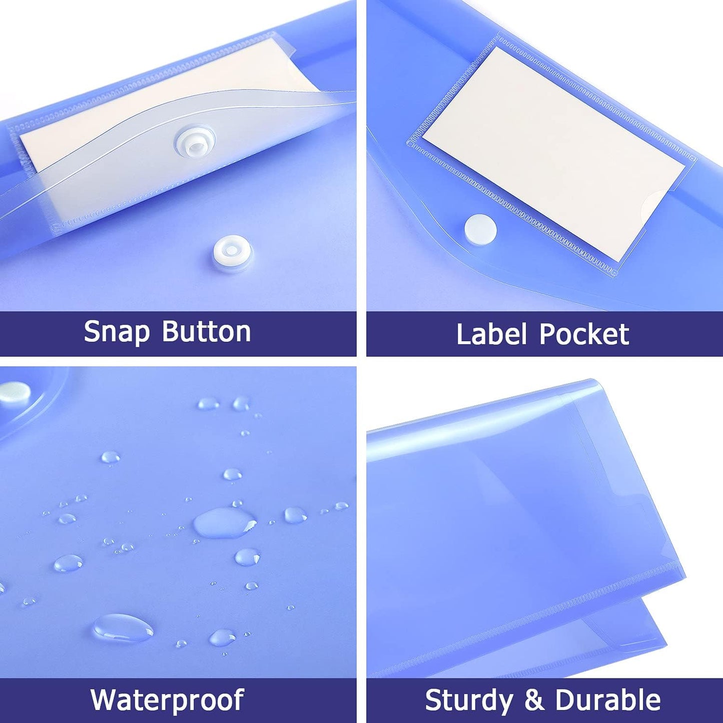 6 Pack Clear Document Folders Plastic Envelopes Poly Envelopes File Envelopes with Label Pocket and Snap Button for Home Work Office Organization, Letter Size/A4 Size, 6 Colors