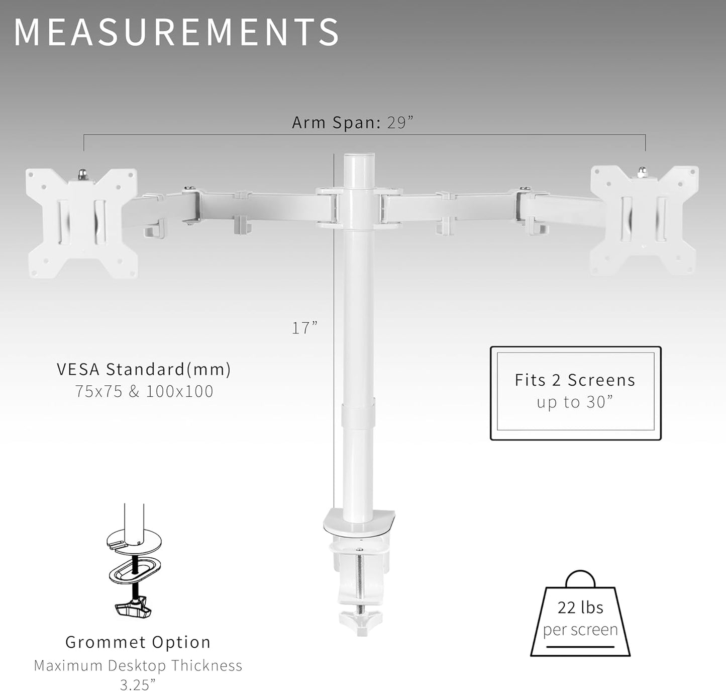 VIVO White Dual 13 to 27 inch LCD LED Monitor Desk Mount Stand with C-clamp and Bolt-Through Grommet, Heavy Duty Fully Adjustable Arms for 2 Screens STAND-V002W