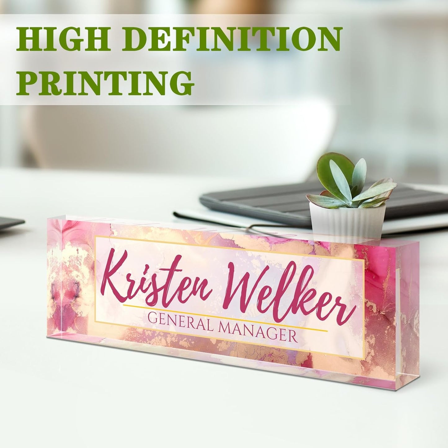 Name Plate for Desk, Desk Name Plate Personalized, Office Decor for Women Men, Acrylic Desktop Accessories, Office Appreciation Gifts for Boss Social Workers Nurse Teacher Employee (Pink/Gold)