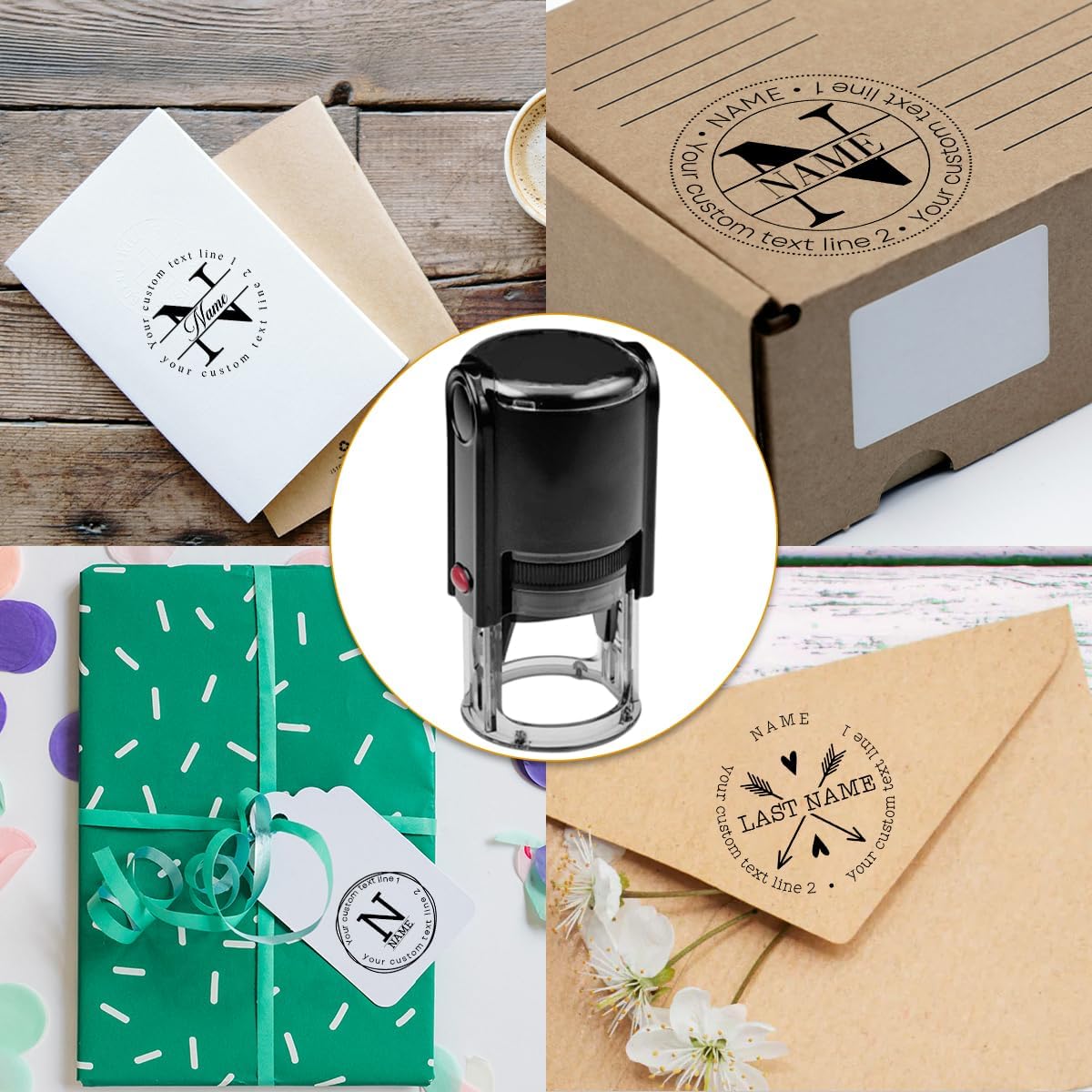 Personalized Round Address Stamp, Custom Self Inking Rubber Stamp with Name Initials Text, Customized Monogram, Wedding Address Stamp, Stampers for Office, Small Business, Events