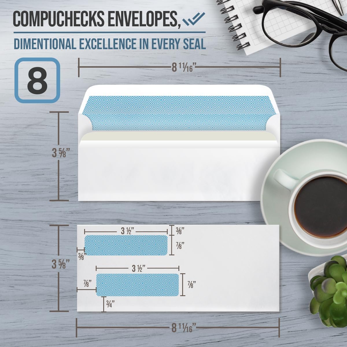 Compuchecks Double Window Envelopes #8- Flip and Seal Flap, Security Business Mailing Check Envelopes - Tamper Evident, Security Tint - 250 Count – Guaranteed to fit QuickBooks Checks