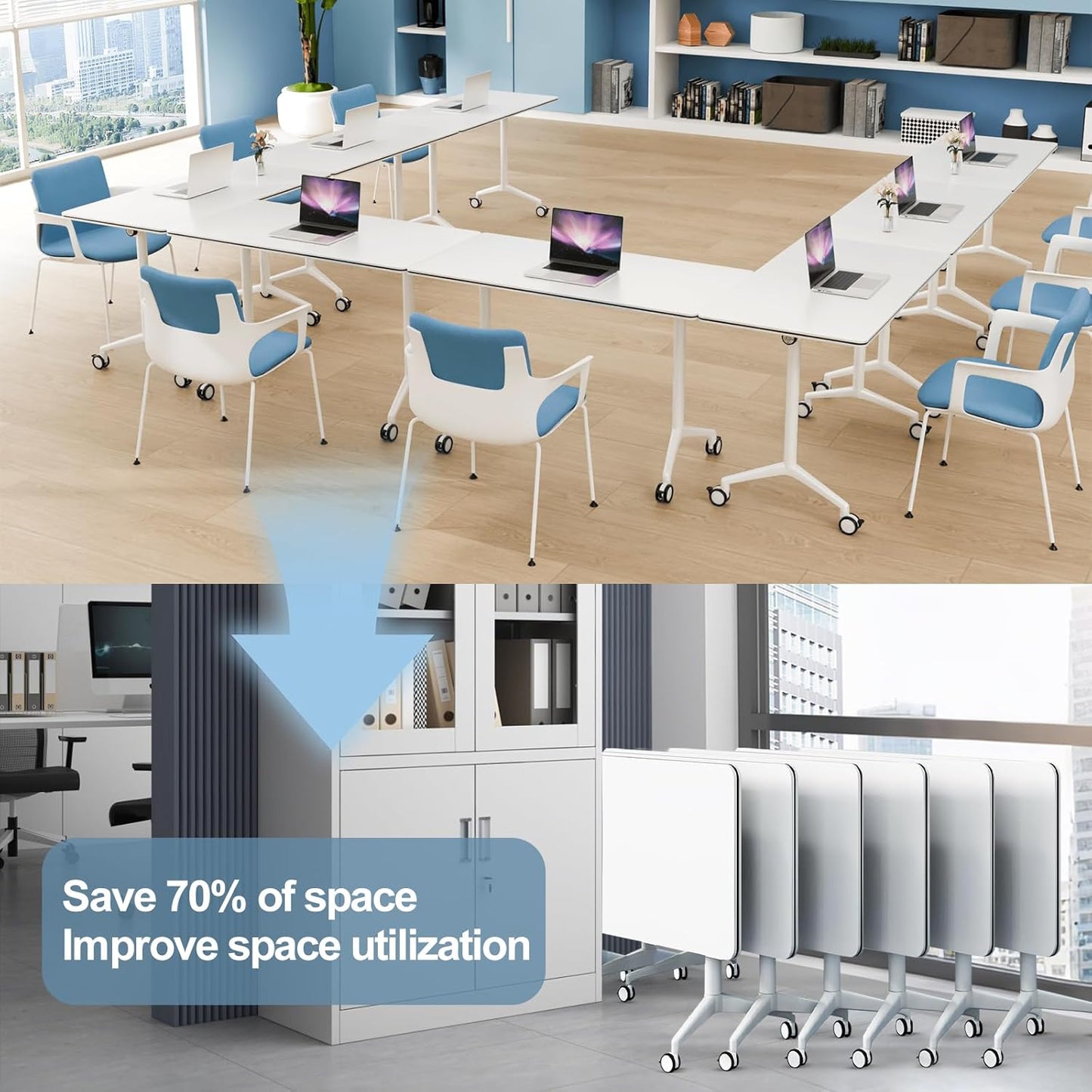 6Pack Folding Conference Room Table, Modern Conference Tables with Silent Wheels, Large Rectangular Mobile Training Tables for Office Classroom, Foldable Modular Seminar Table White (L63in)