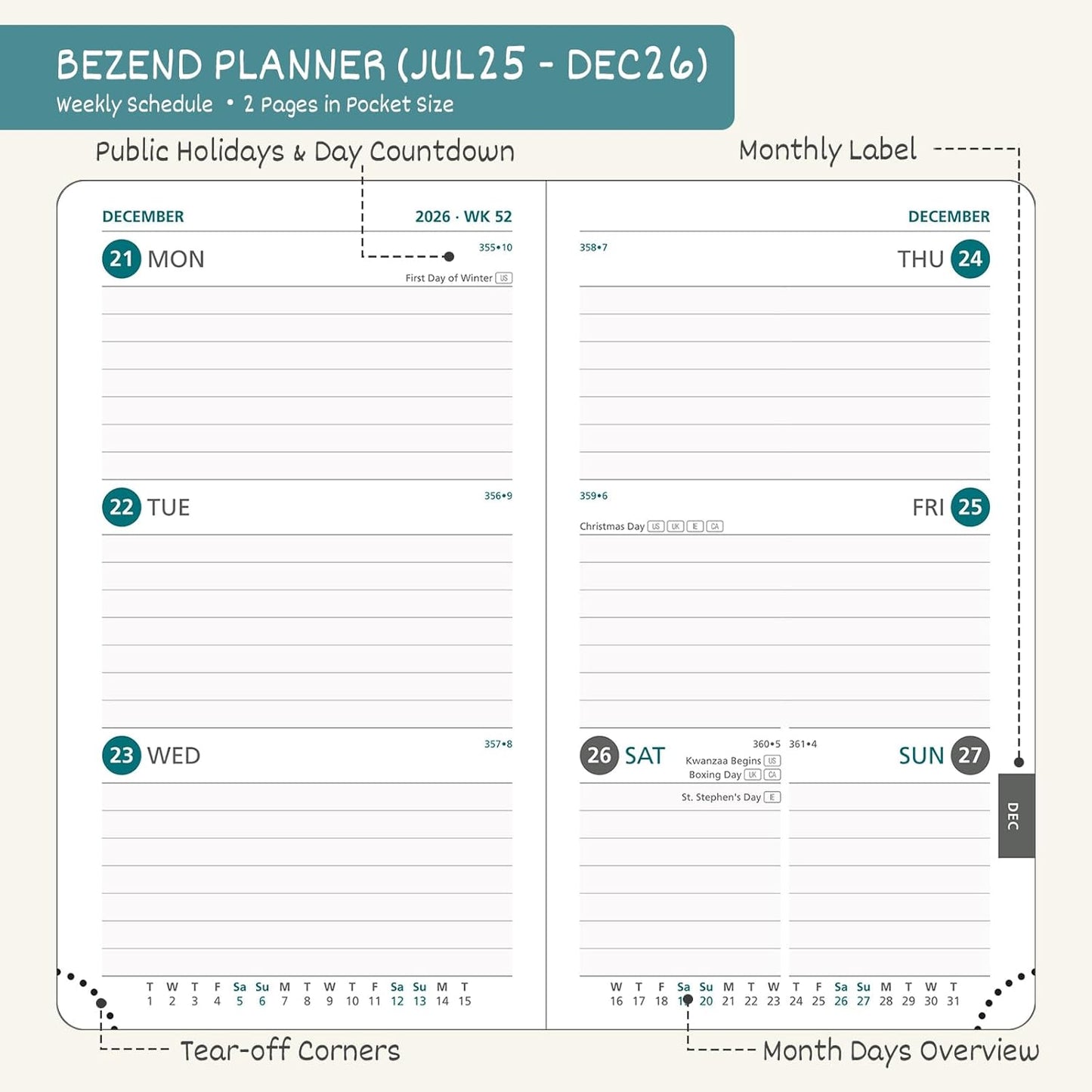 BEZEND Pocket Planner 2025-2026 Weekly and Monthly, 3.5" x 6" Academic Planner (Jul 25-Dec 26) 18-Month Mid-Year Calendar Book, Storage Pocket, Pen Holder, PU Leather Hardcover - Sky Blue