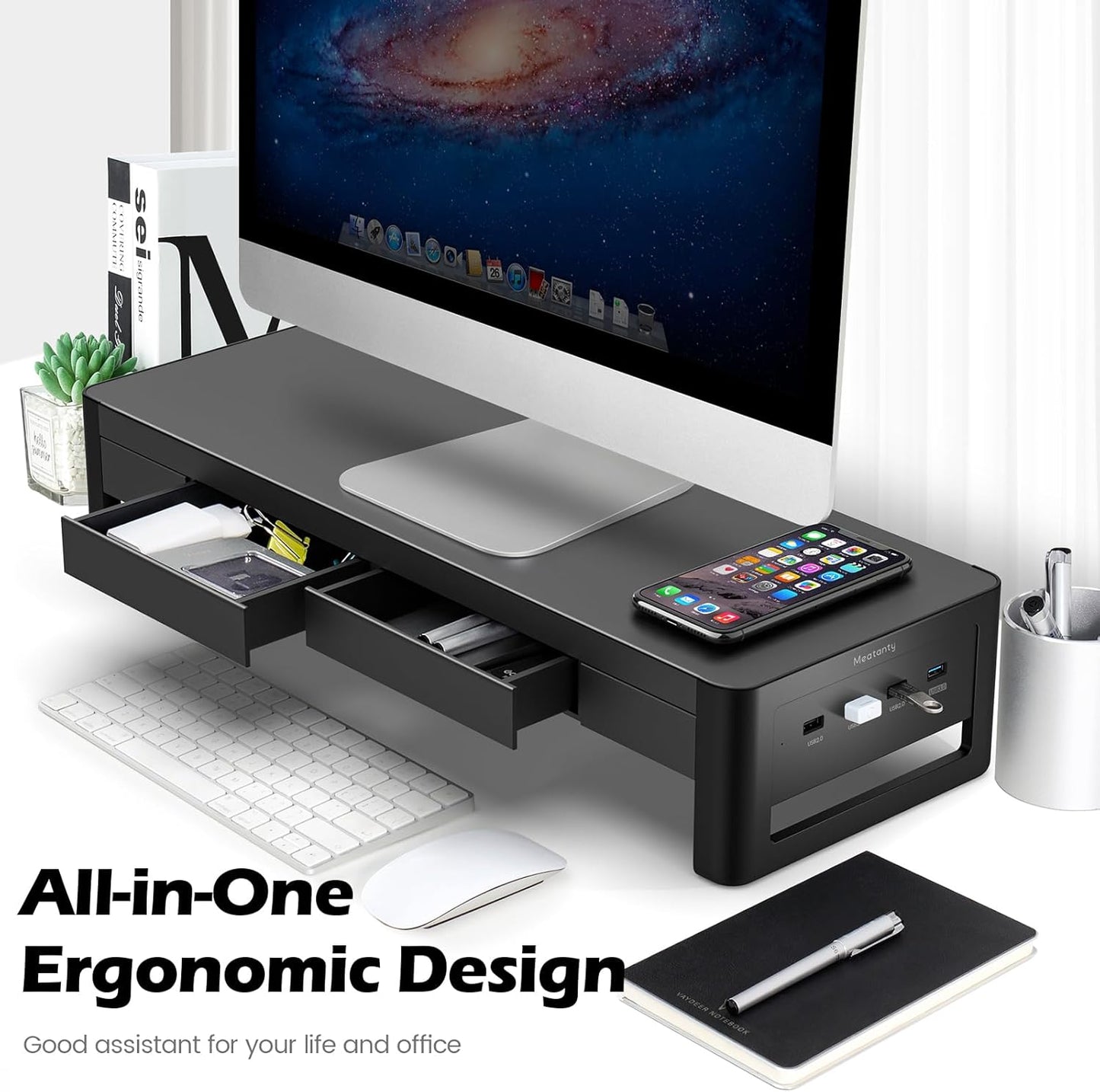 meatanty 2 in 1 Monitor Stand Riser with 2 Storage Drawers and 4 USB Ports, Metal Computer Monitor Stand Supports Transfer Data and Charging, Desk Organizer for PC,Laptop,iMac (21 inches)