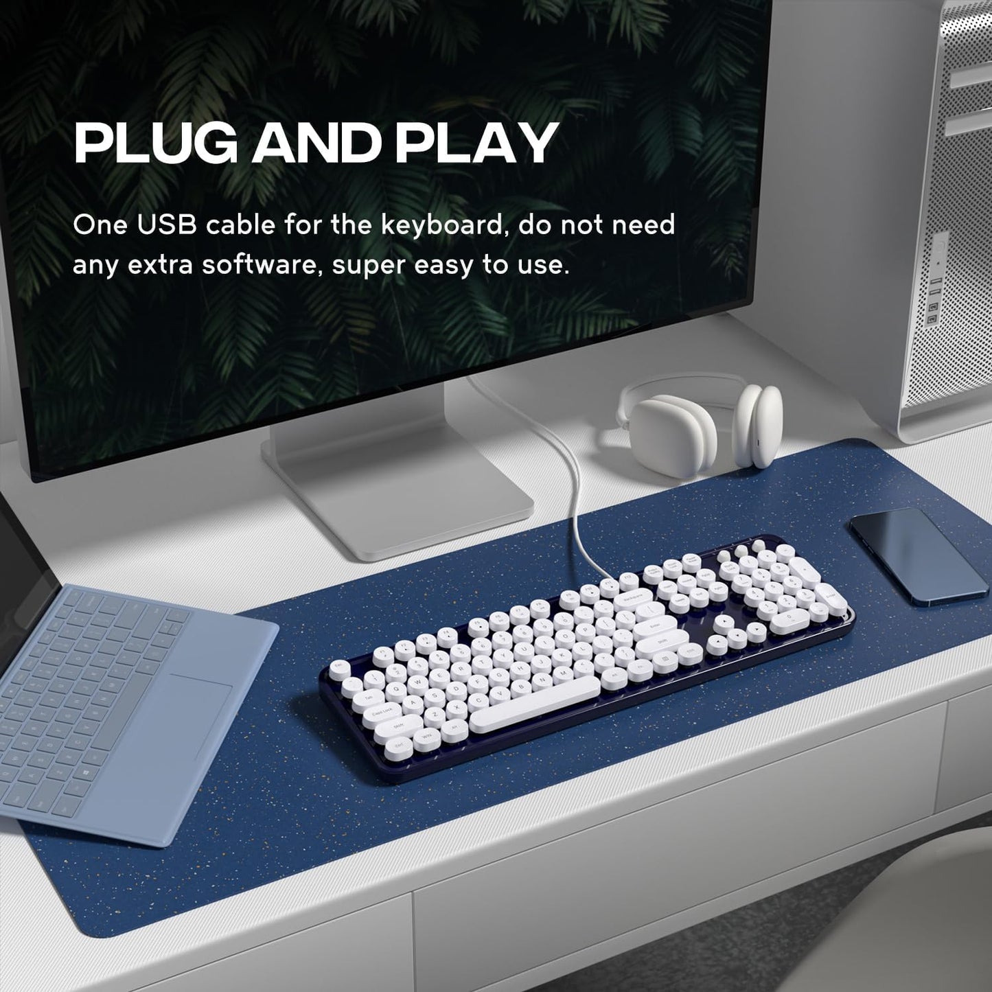 Wired Keyboard, 104 Keys Full-Sized Typewriter Keyboards, USB Plug and Play Office Keyboard with Number Pad, Caps Indicators, Foldable Stands for Windows, PC, Laptop, Desktop (Black)