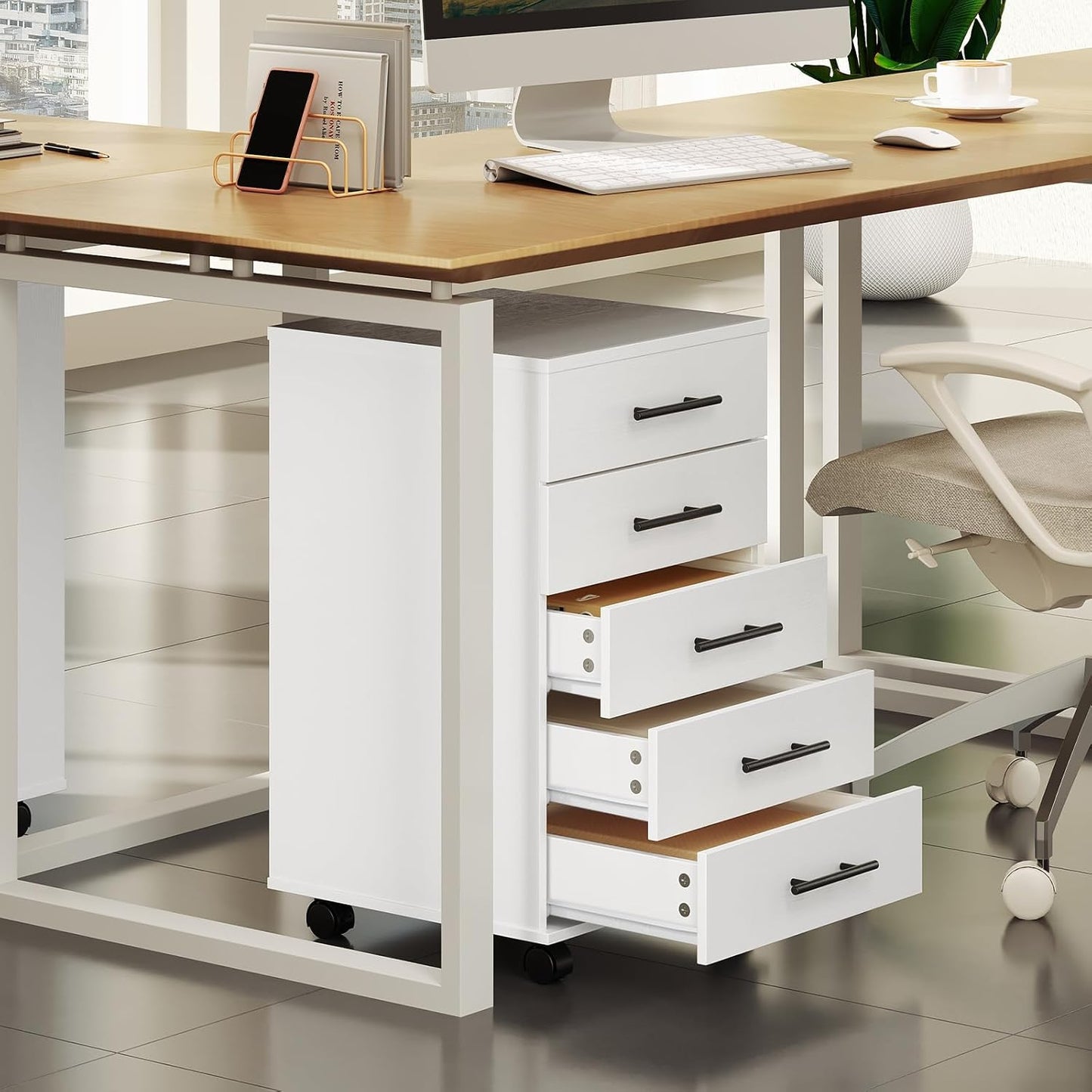 HOOBRO 5-Drawer File Cabinet, Office Cabinet with Drawers, Wooden Storage Cabinet with Wheels for Makeup, Home Office, Study, Easy Assembly, White WT05WJ01G1