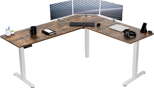 VIVO Electric Corner L-Shaped 75 x 63 in Rustic Standing Desk, Memory Height Adjustment, Vintage Brown Top White Frame, DESK-E3CTWN-75
