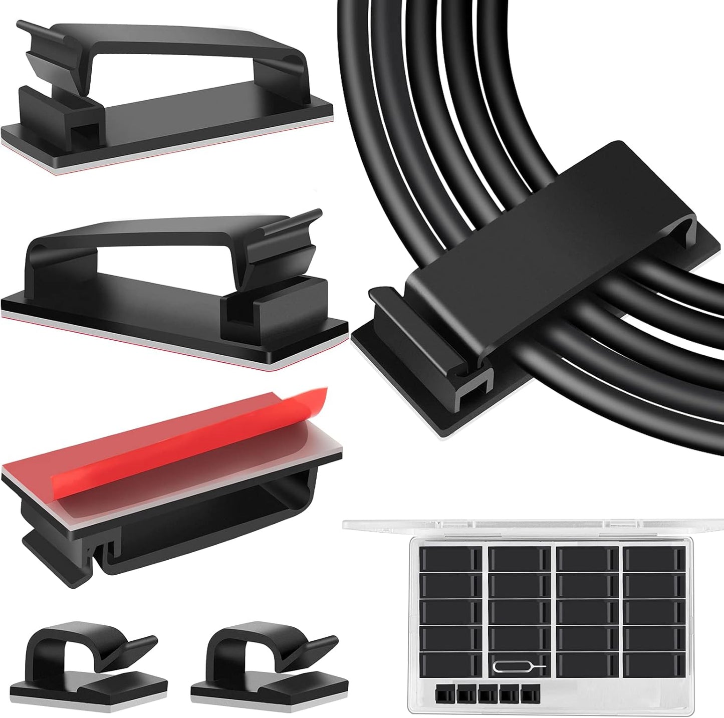 50 PCS Black Cable Clips - Large Cord Organizers for Under Desk Cable Wire Management, Adhesive Holder Clips for Multiple Cord Management