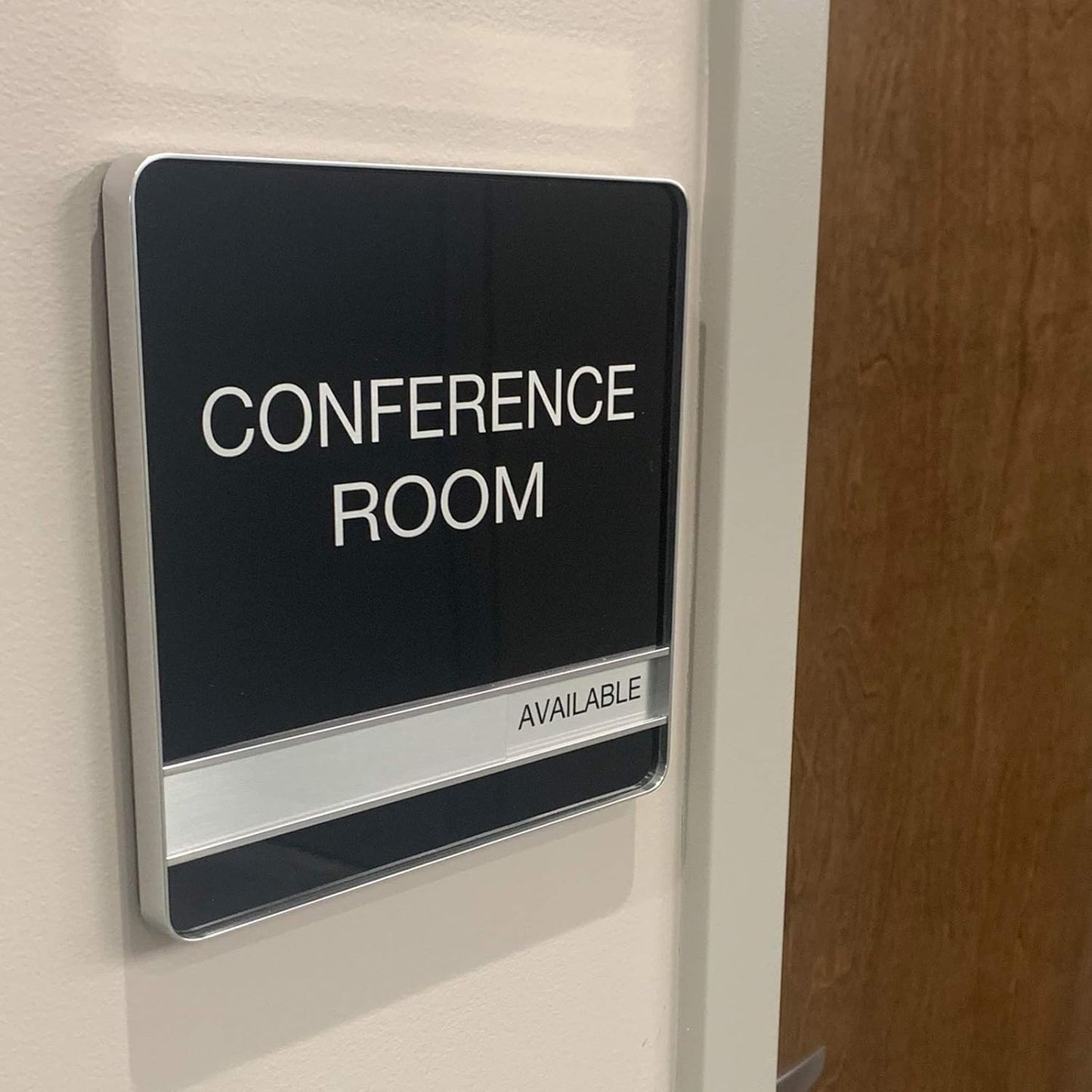 NapTags Conference Room Slider Signs (Black - Silver Frame, 8" x 8")