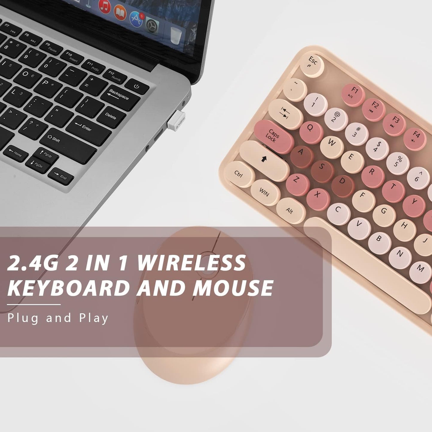 Wireless Keyboard and Mouse, KOOTOP Cute Keyboard and Mouse, 2.4G Wireless Keyboard with Retro Round Keycap for PC, Mac, Laptop,Computer Windows (Milk Tea)
