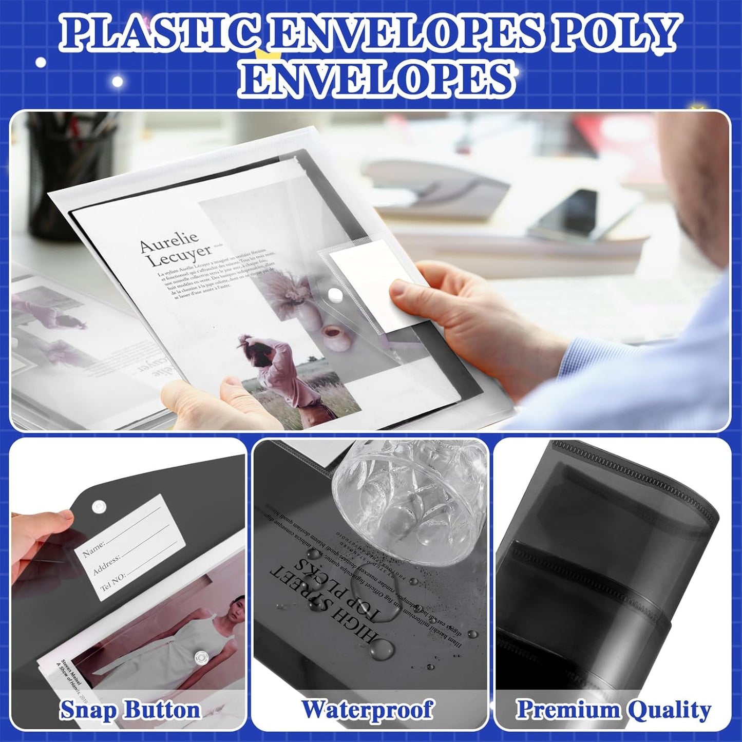 Yeaqee 50 Pcs Plastic Envelopes Poly Envelopes File Folders with Snap Button Closure Clear Folders for Documents US Letter A4 Size Filing Holder with Label Pocket for Home Office School(Black)
