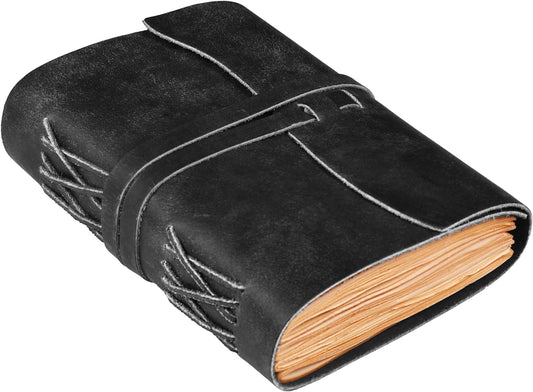 LEATHER VILLAGE Leather Bound Journal - Black, 7"X5", 220 Pages - Vintage Blank Paper Diary for Writing, Drawing, Sketchbook, and Travel Notebook - Ideal for Women and Men