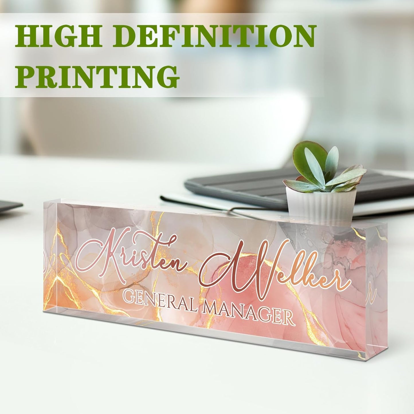 Custom Name Plate for Desk, Desk Name Plate Personalized, Office Decor for Women Men, Acrylic Desktop Accessories, Office Appreciation Gifts for Boss Social Workers Nurse Teacher Employee (Gold/Pink)