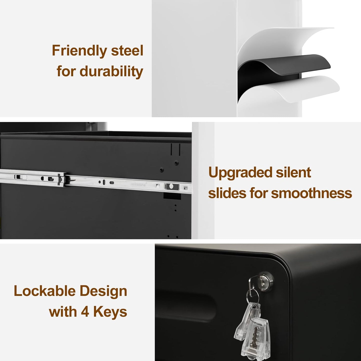 3 Drawer File Cabinet With Lock and 4 Keys, Mobile Metal Filing Cabinet for Home Office, Under Desk, Pre-Assembly, Letter/Legal/A4 Hanging Folders