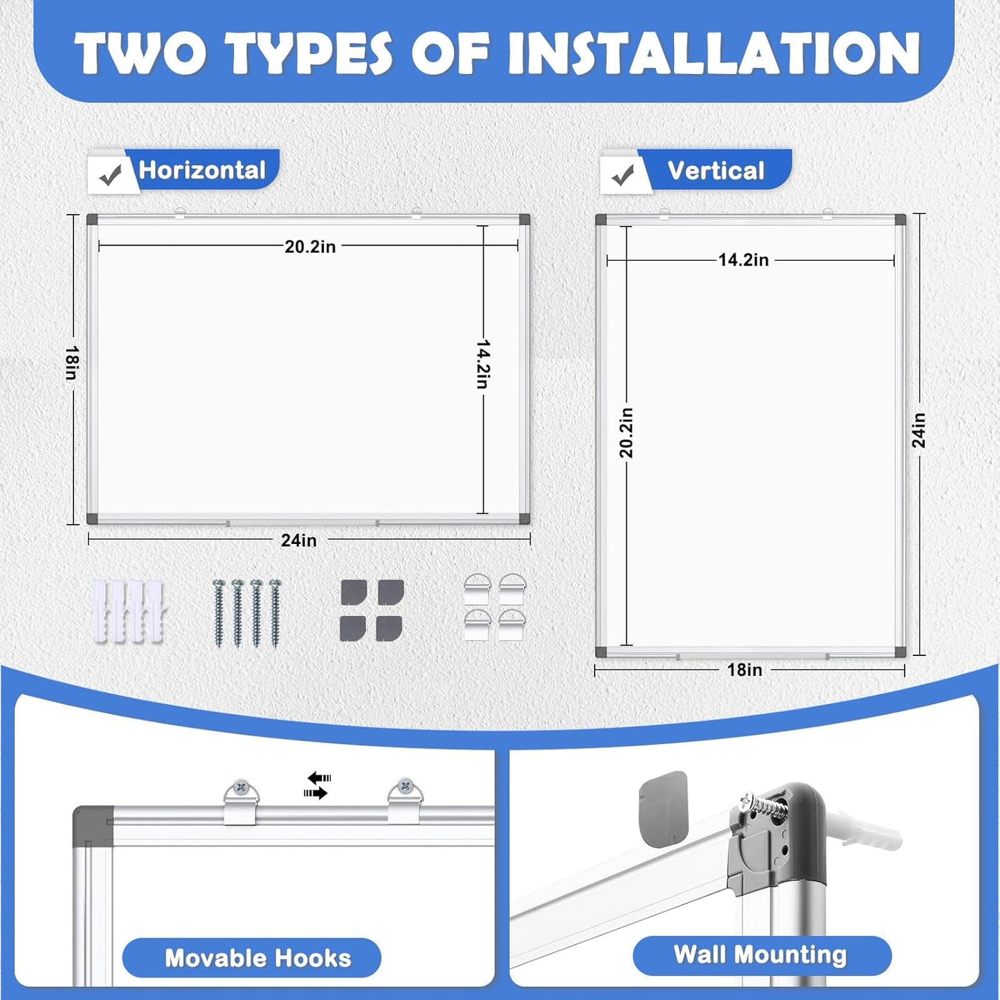 WALGLASS Double-Sided White Board, 24" x 18" Dry Erase Board Magnetic Whiteboard for Wall, Hanging Mounted Whiteboard Silver Aluminium Frame for Home, School, Office, Kitchen