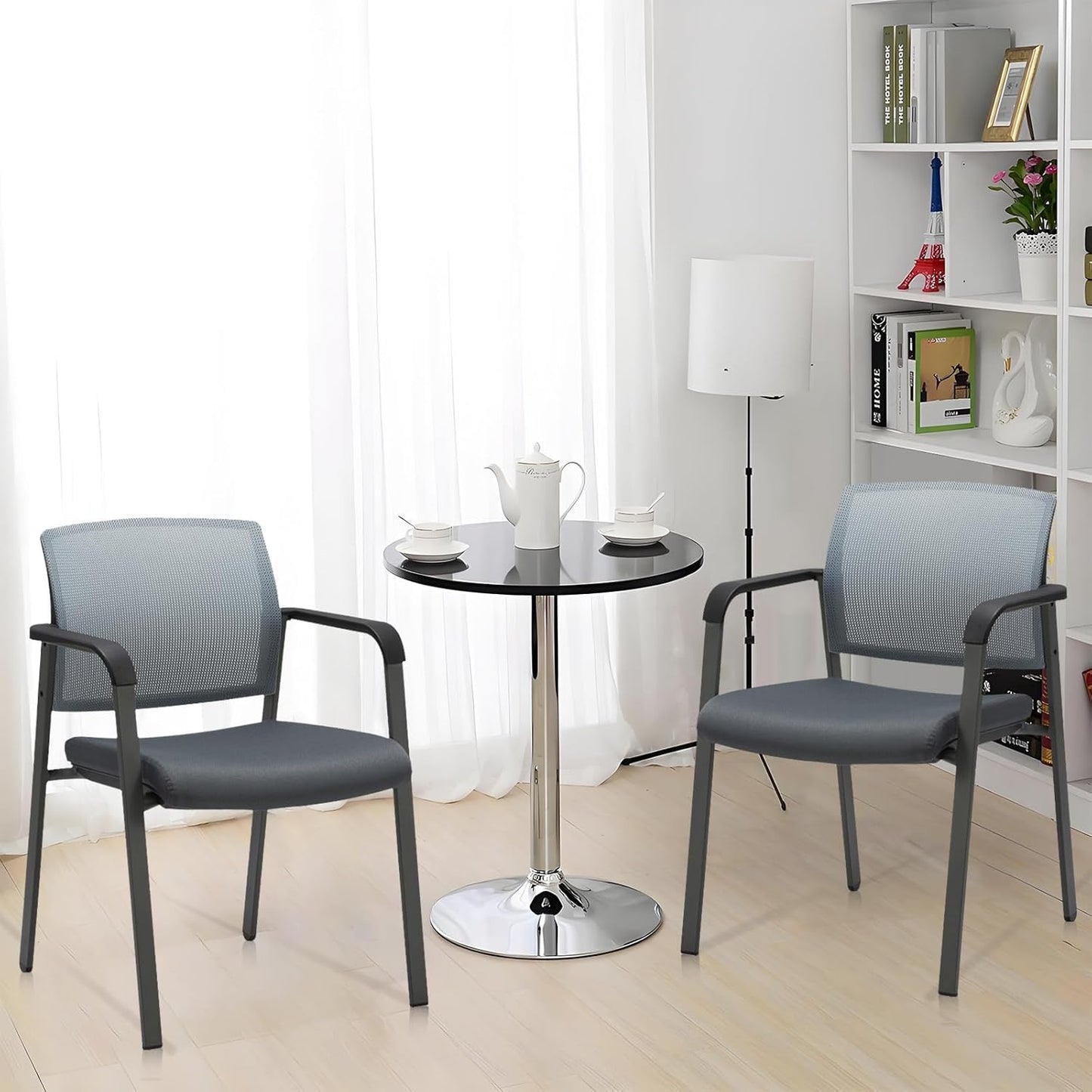 CLATINA Mesh Back Stacking Arm Chairs with Upholstered Fabric Seat and Ergonomic Lumbar Support for Office School Church Guest Reception Grey 2 Pack Set