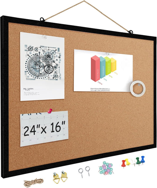 16” x 24” Cork Boards for Walls with Black Wooden Frame 1pack, Double Sided Office Board for Wall Organizer, Bulletins Board Decorative Hanging Pin Board for School, Home & Office, Notice Board
