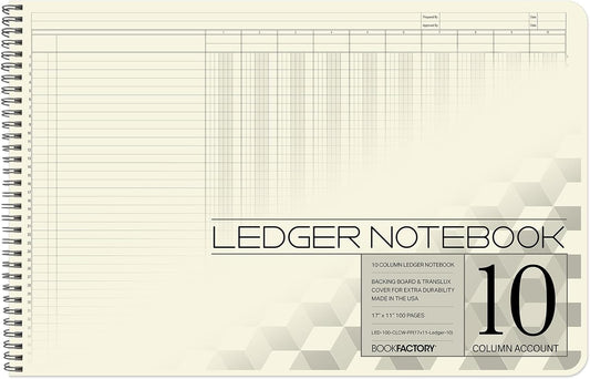 BookFactory Accounting Ledger Notebook/Large 10 Column Accounting Ledger Columnar (Ten Columns) Log Book - 17'' x 11'', 100 Pages, Wire-O Landscape Format (LED-100-CLCW-PP(17x11-Ledger-10)-AX)