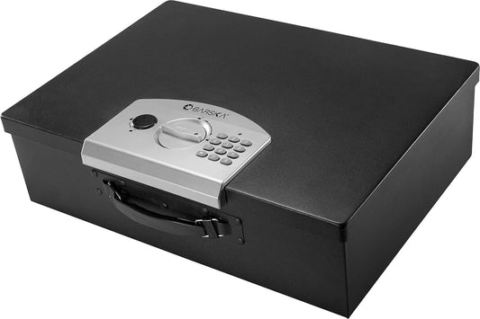 Barska Portable Digital Keypad Lock Box – Secure Travel Safe for Valuables, Steel Construction, Removable Tethering Cable, Backup Keys & Batteries Included